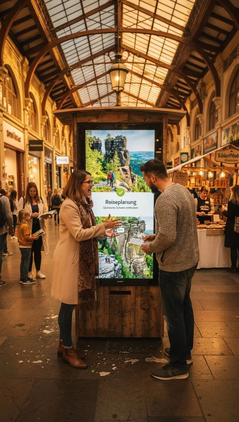 Bildschirm eines Reiseplanungs-Terminals mit übersichtlicher Benutzeroberfläche für individuelle Tagespläne in Deutschland.