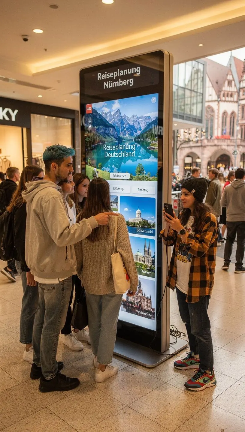 Junge Reisende am Kiosk, die ihre maßgeschneiderte Reiseroute für mehrere deutsche Städte zusammenstellen.