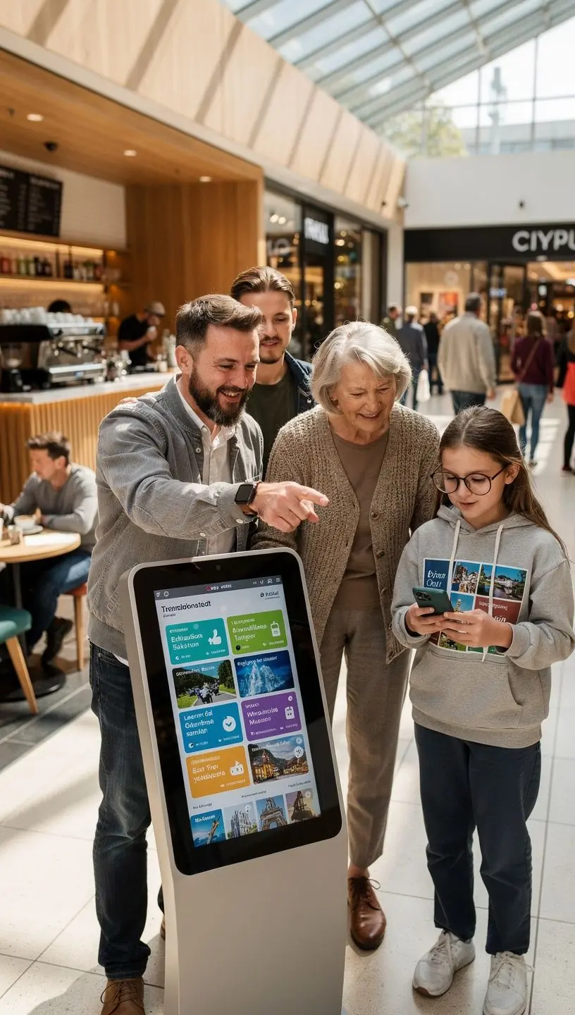 Kiosk-Mitarbeiter erklärt einem Nutzer die Funktionen der Sofort-Reiseplaner-Software für Deutschland.