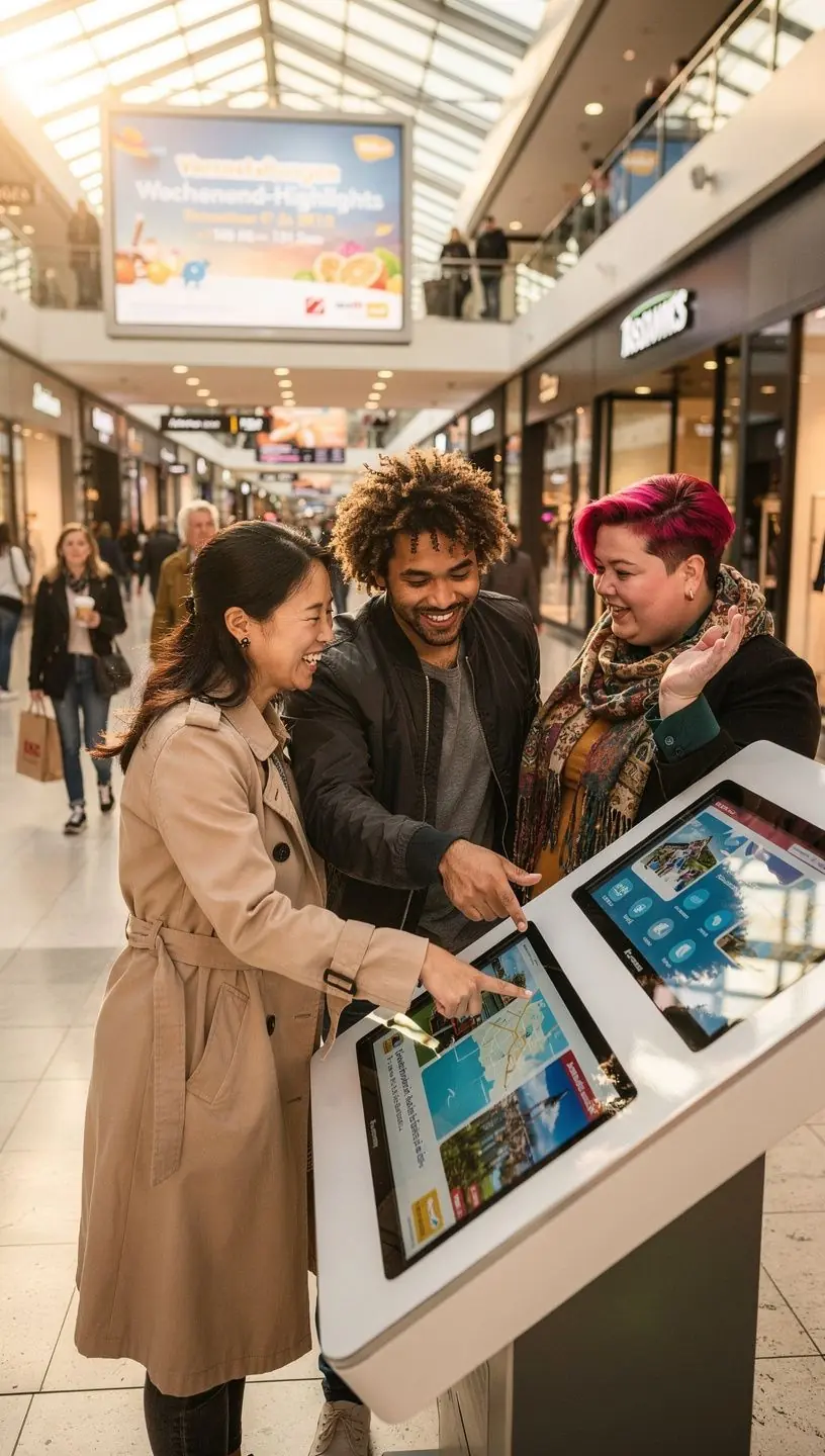 Familie nutzt den Reiseplanungs-Kiosk, um eine effiziente und realistische Rundreise durch Deutschland zu erstellen.