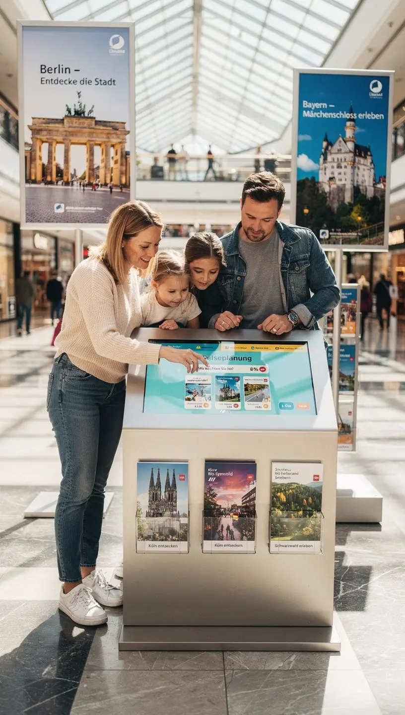 Reiseplanungs-Kiosk in einem Einkaufszentrum mit digitalem Bildschirm zur sofortigen Erstellung von Deutschland-Reiserouten.