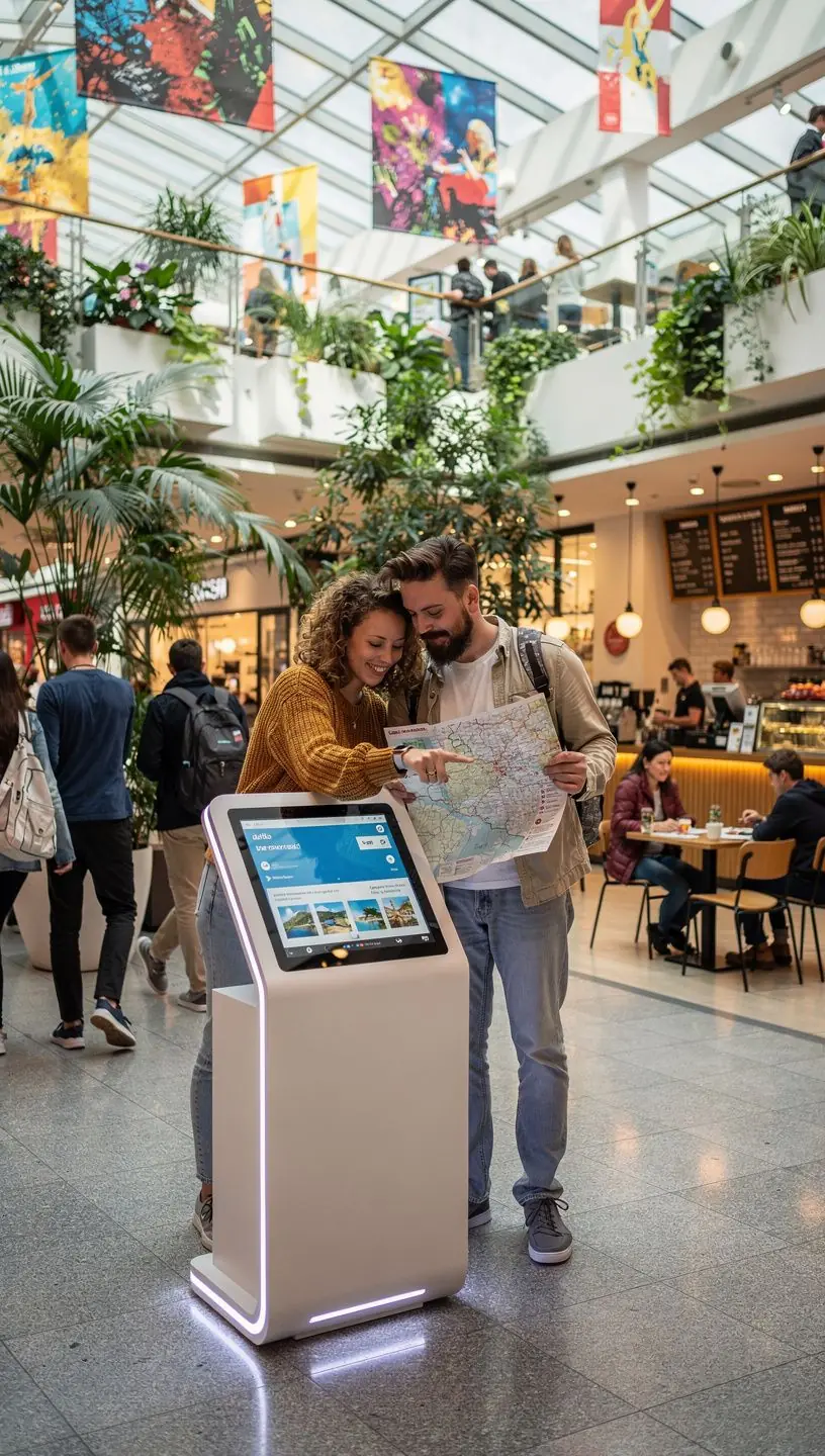 Nahaufnahme eines interaktiven Touchscreens, der Optionen für Städtereisen und Sehenswürdigkeiten in Deutschland anzeigt.