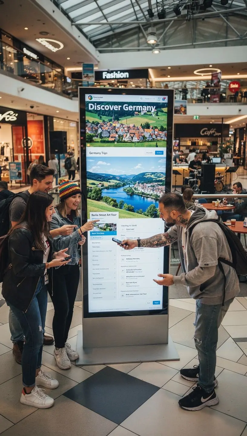 Besucher eines Einkaufszentrums nutzen einen modernen Reise-Kiosk zur spontanen Planung ihrer Deutschlandreise.